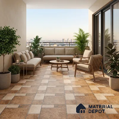 Scandinavian balcony with beige and tan checkerboard floor tiles and natural wood outdoor furniture