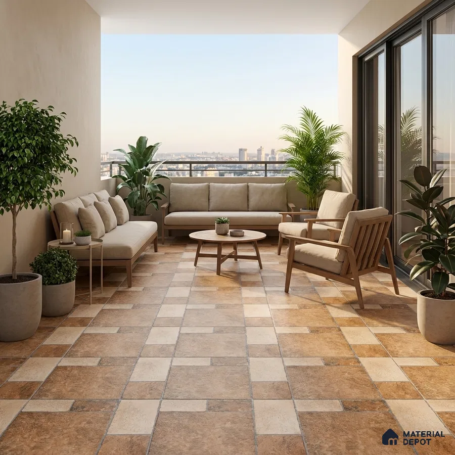Scandinavian balcony with beige and tan checkerboard floor tiles and natural wood outdoor furniture