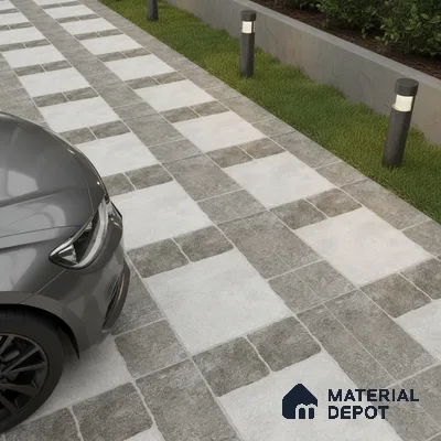 Modern parking with grey and white stone-look outdoor tiles