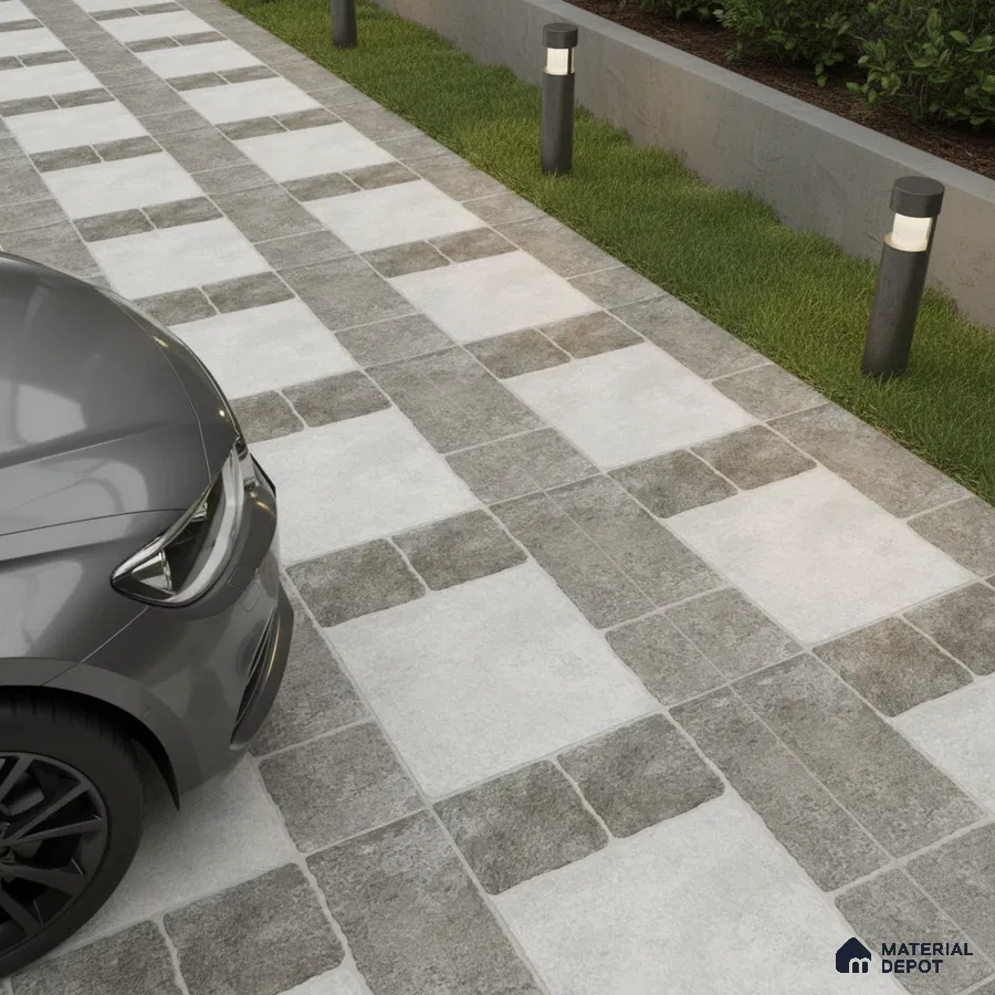 Modern parking with grey and white stone-look outdoor tiles