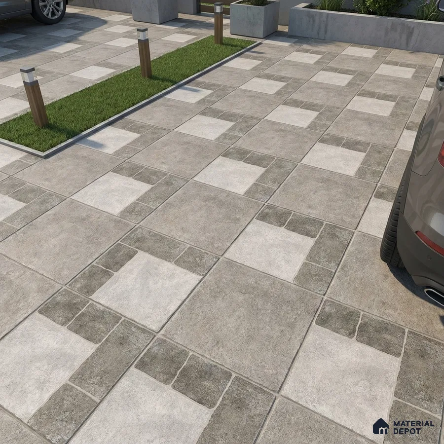 Modern parking area with grey and white stone-look outdoor floor tiles