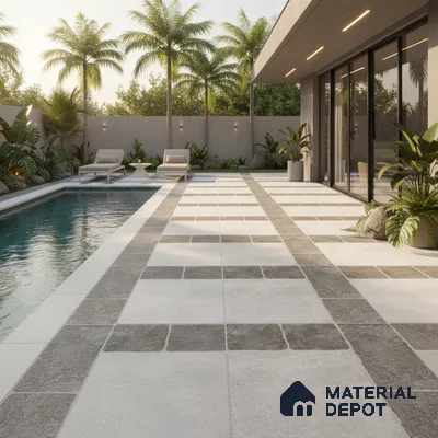 Modern outdoor poolside with grey and white stone-look floor tiles