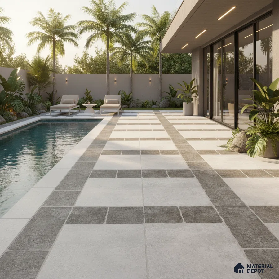 Modern outdoor poolside with grey and white stone-look floor tiles