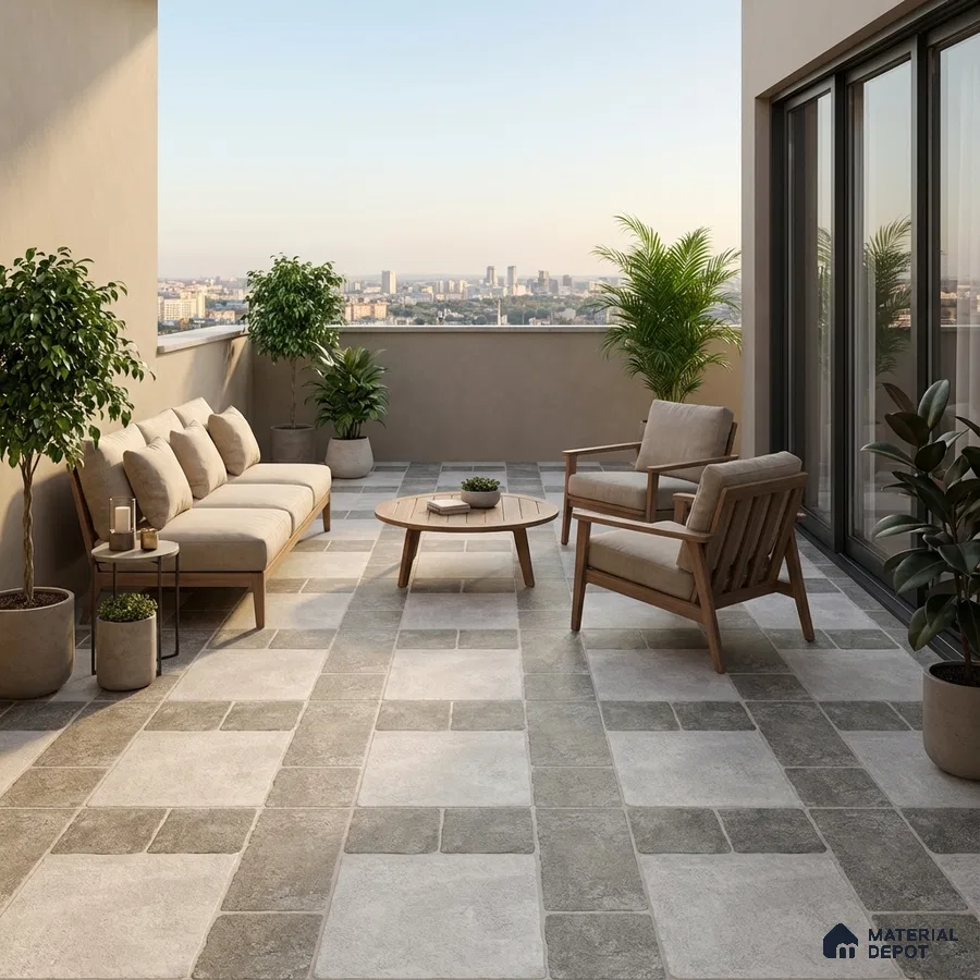 Scandinavian balcony with beige and grey stone floor tiles and natural wood outdoor furniture