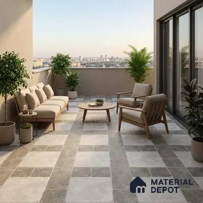 Scandinavian balcony with beige and grey stone floor tiles and natural wood outdoor furniture