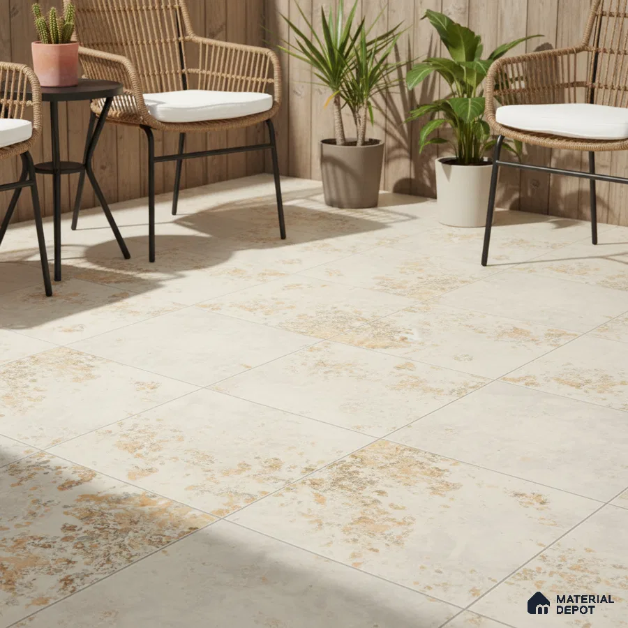 Scandinavian balcony with beige rustic stone-look floor tiles and wood wall cladding