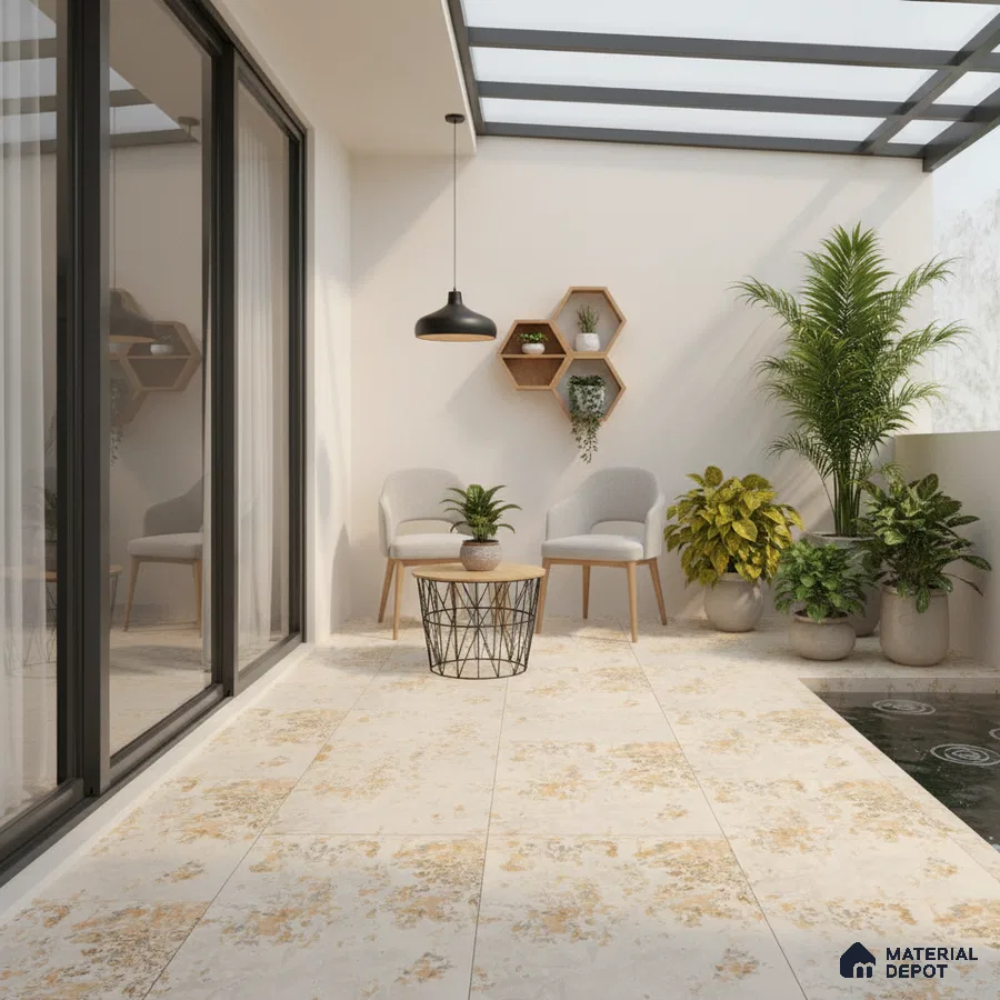 Scandinavian balcony with beige patterned floor tiles and wooden accent decor