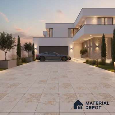 Modern parking with beige stone-look outdoor tiles and textured stone cladding