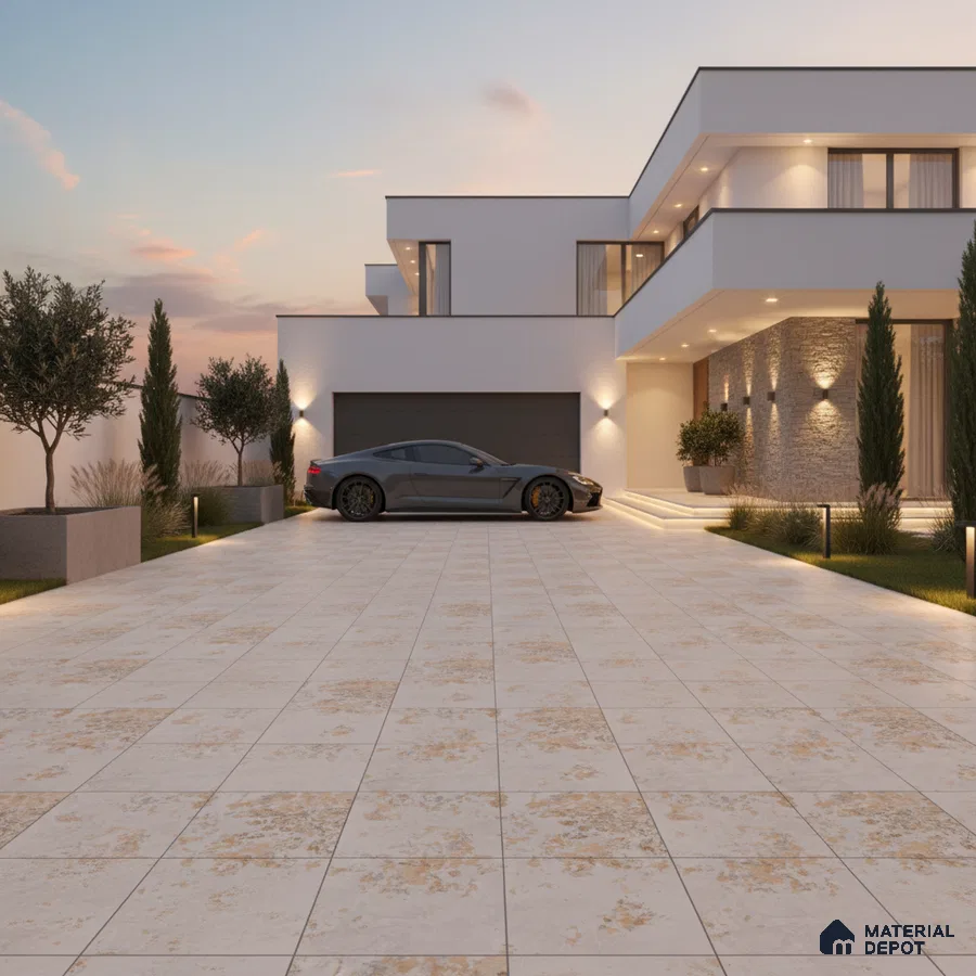 Modern parking with beige stone-look outdoor tiles and textured stone cladding