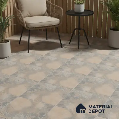 Modern balcony with beige and grey stone-look floor tiles and wooden louvered wall