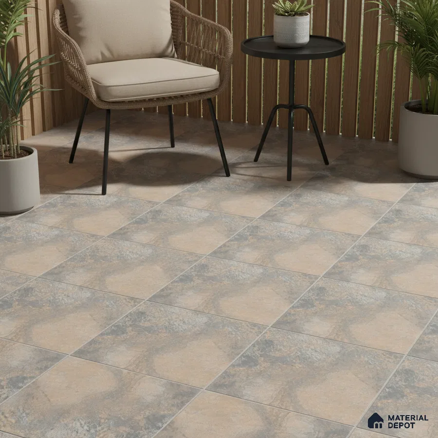 Modern balcony with beige and grey stone-look floor tiles and wooden louvered wall