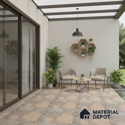 Modern balcony with beige and grey stone-look floor tiles and minimalist decor
