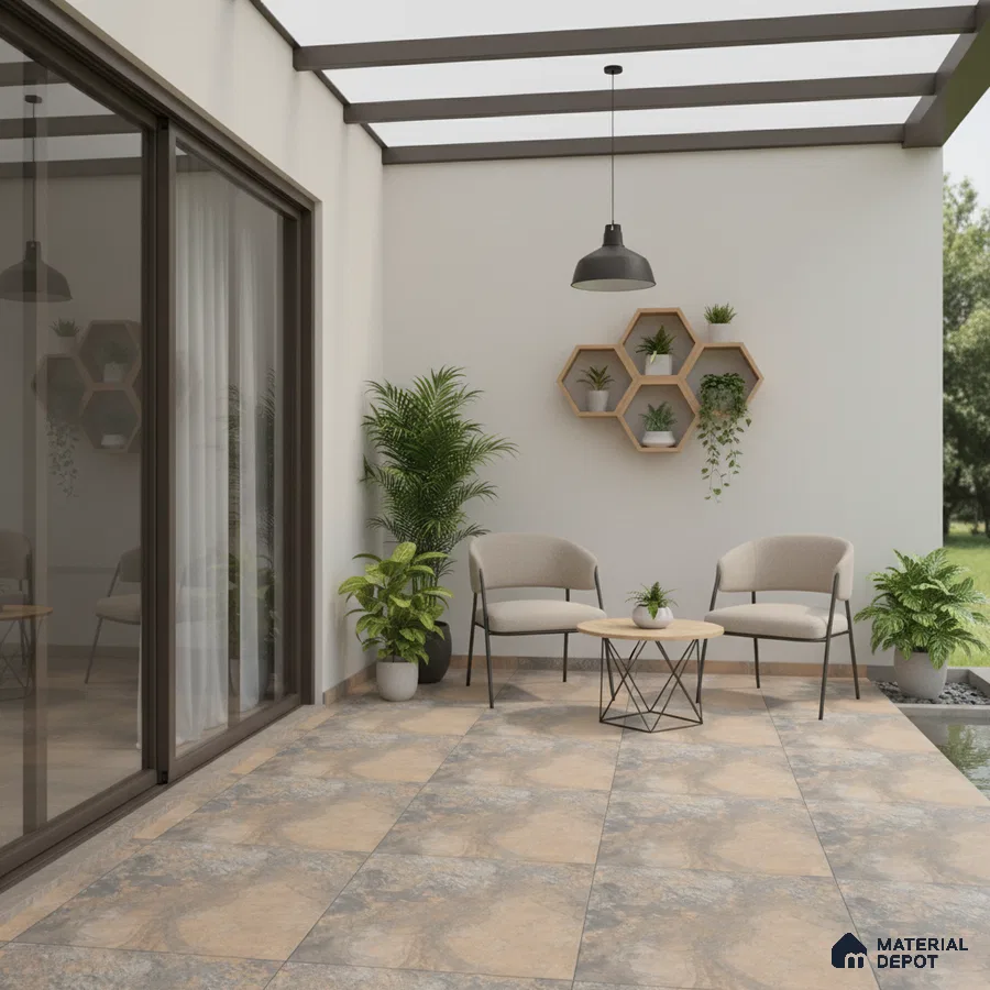 Modern balcony with beige and grey stone-look floor tiles and minimalist decor