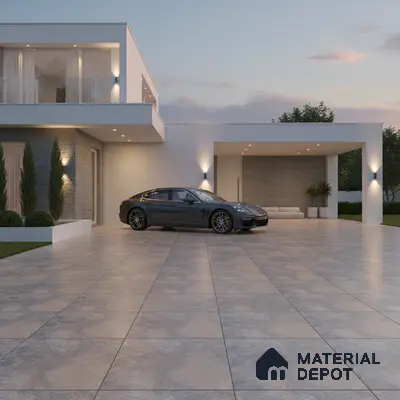 Modern parking with large format stone-look tiles and textured wall cladding