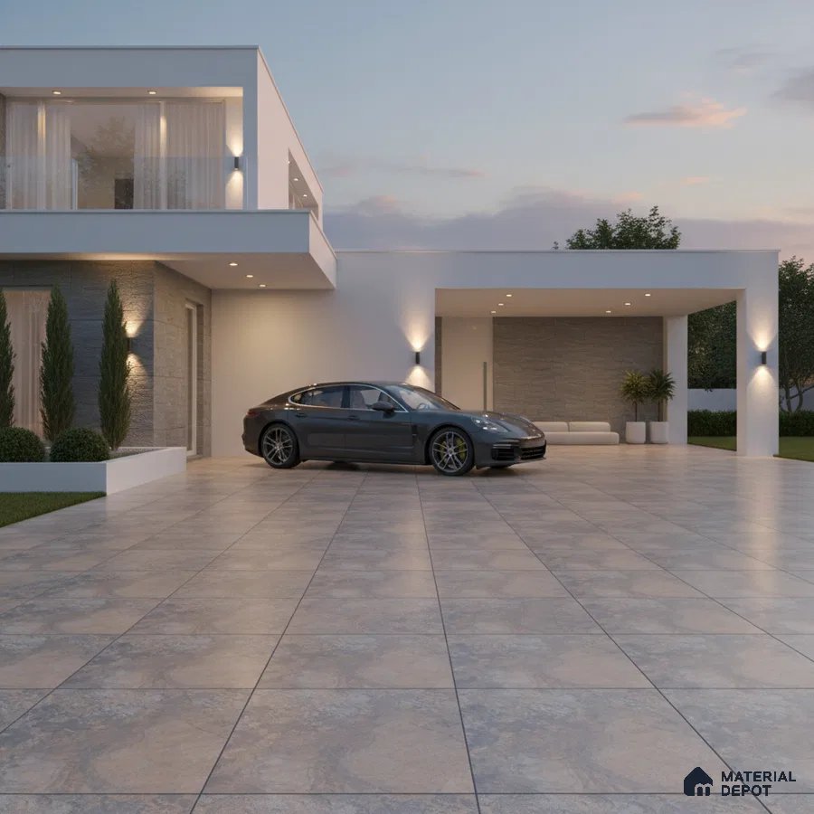 Modern parking with large format stone-look tiles and textured wall cladding