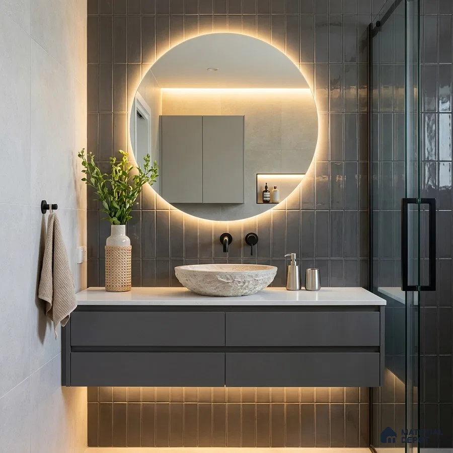 Modern Bathroom with Charcoal Brown Subway Accent Tile and Floating Vanity