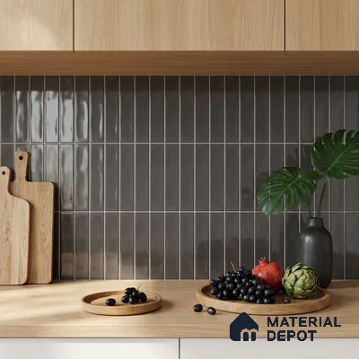 Modern Kitchen with Charcoal Brown Glossy Subway Backsplash and Oak Cabinets