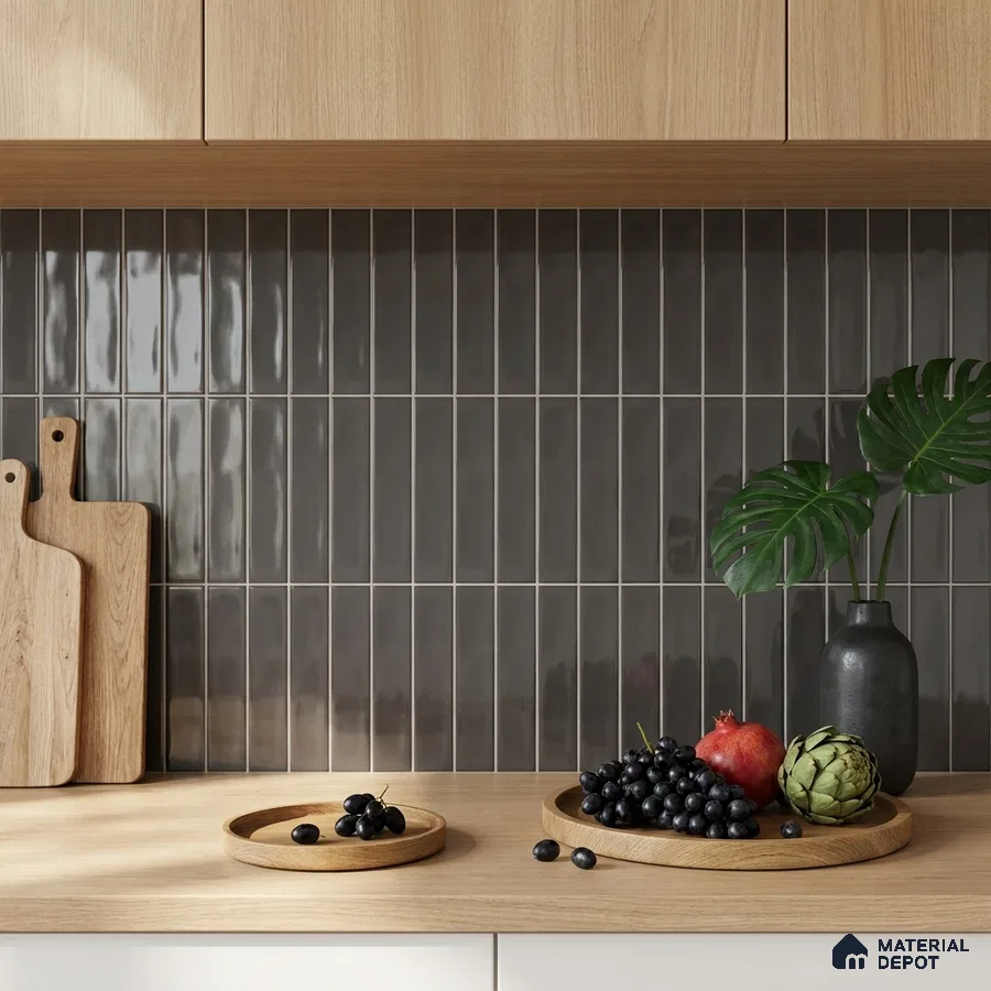 Modern Kitchen with Charcoal Brown Glossy Subway Backsplash and Oak Cabinets