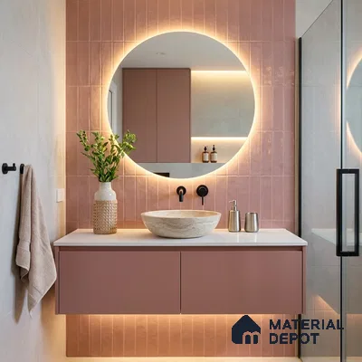 Modern Bathroom with Dusty Rose Pink Subway Accent Tile and Floating Vanity
