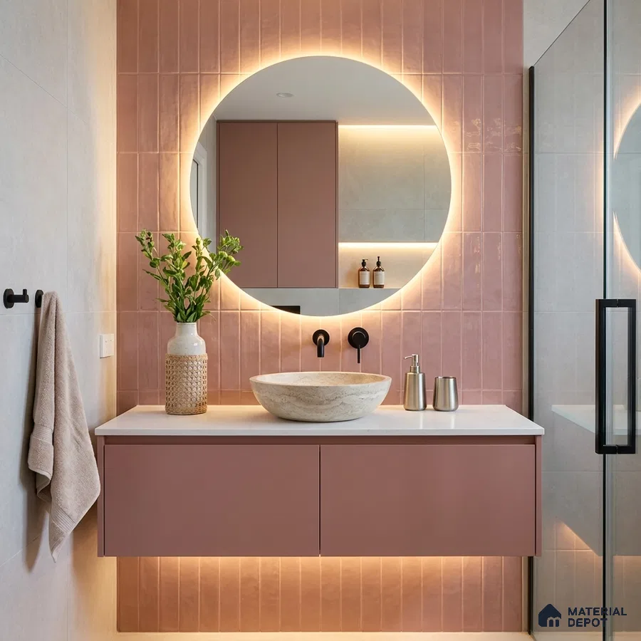 Modern Bathroom with Dusty Rose Pink Subway Accent Tile and Floating Vanity