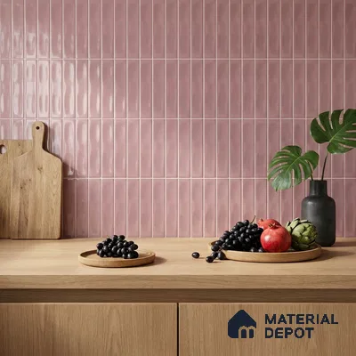 Modern Kitchen with Dusty Rose Pink Glossy Subway Backsplash