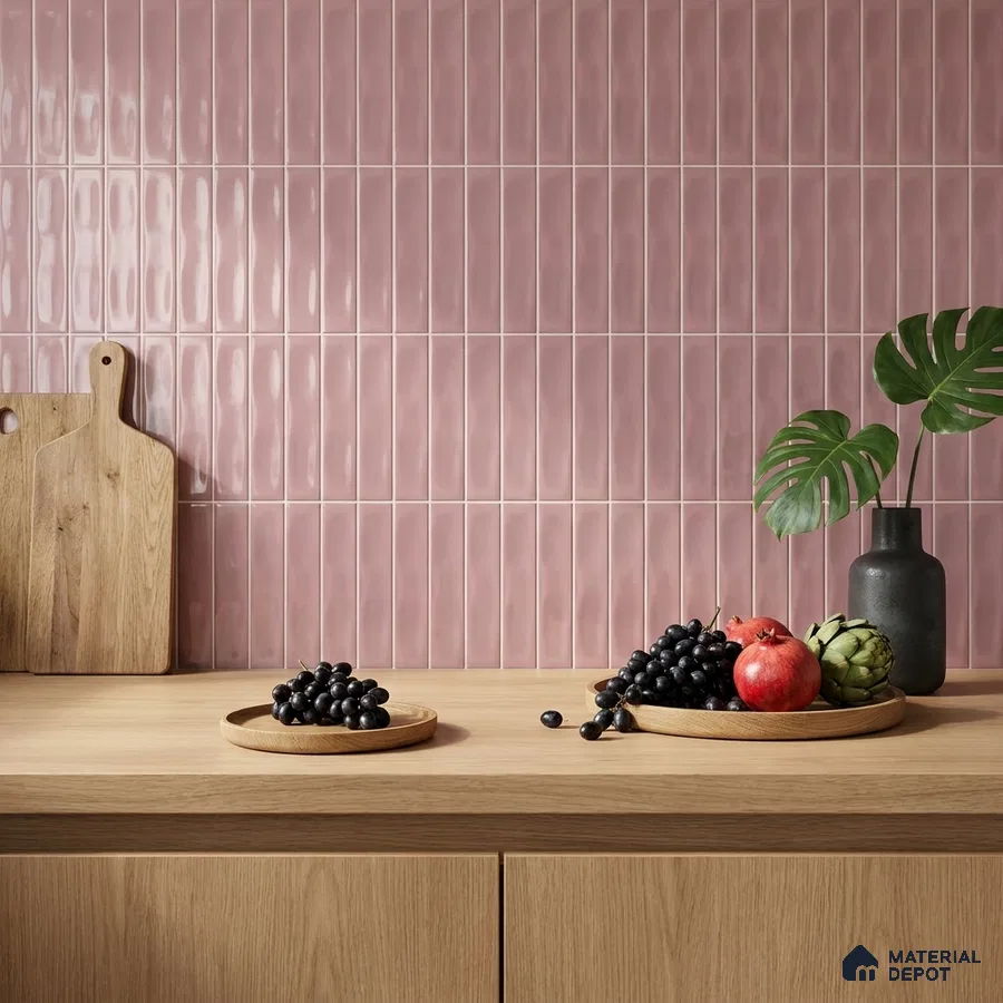 Modern Kitchen with Dusty Rose Pink Glossy Subway Backsplash