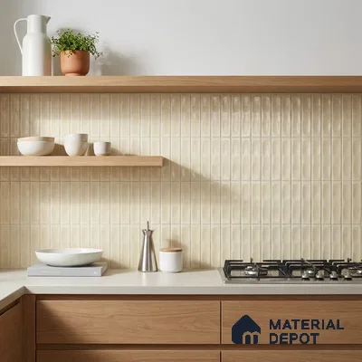 Scandinavian Kitchen with Glossy Ivory Vertical Subway Tile and Oak Cabinets