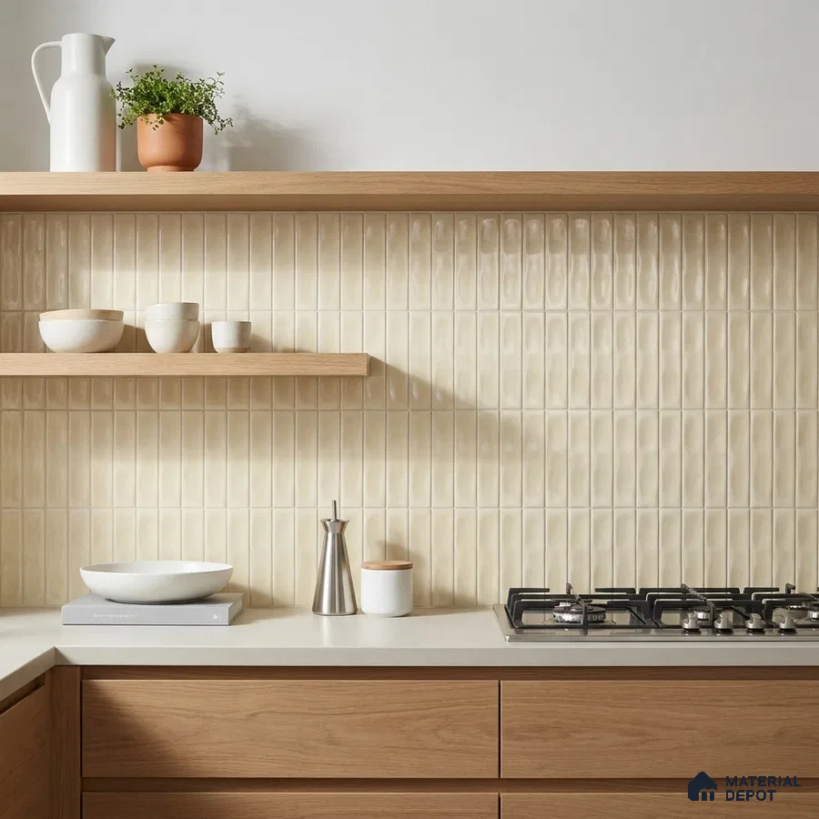 Scandinavian Kitchen with Glossy Ivory Vertical Subway Tile and Oak Cabinets