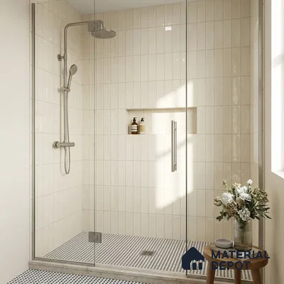 Modern Bathroom with Glossy Ivory Vertical Subway Tile and Glass Shower