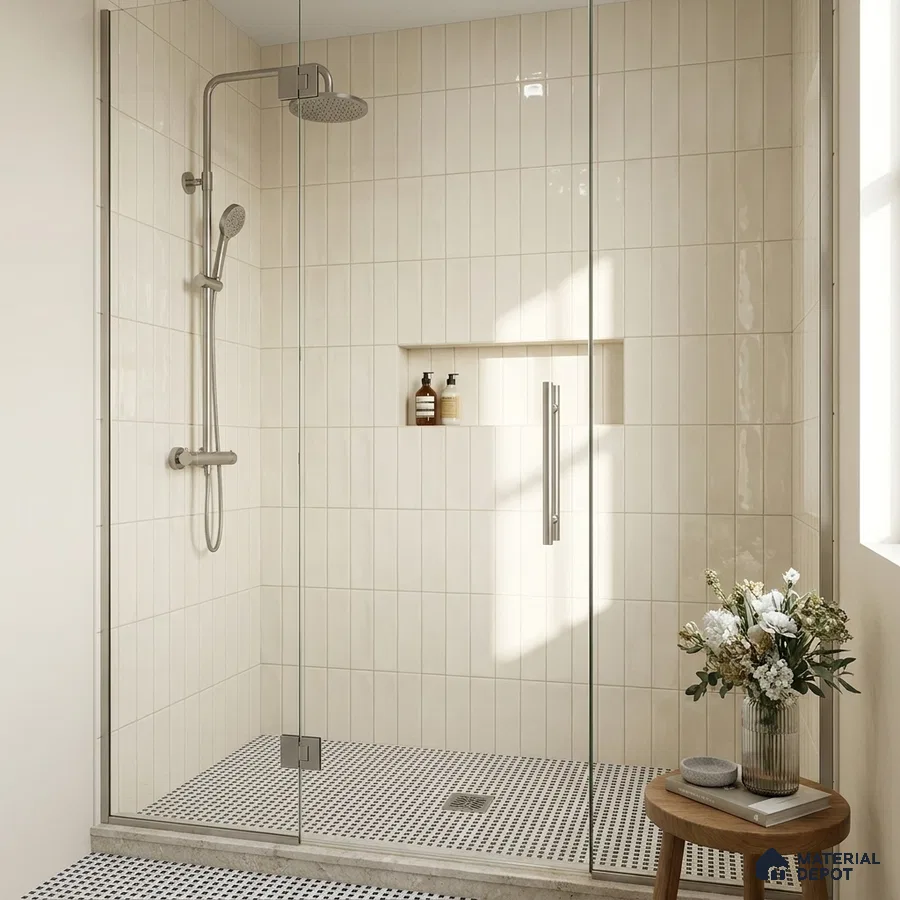 Modern Bathroom with Glossy Ivory Vertical Subway Tile and Glass Shower