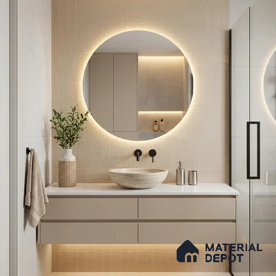 Modern Bathroom with Glossy Silver Grey Vertical Subway Tile and Floating Vanity