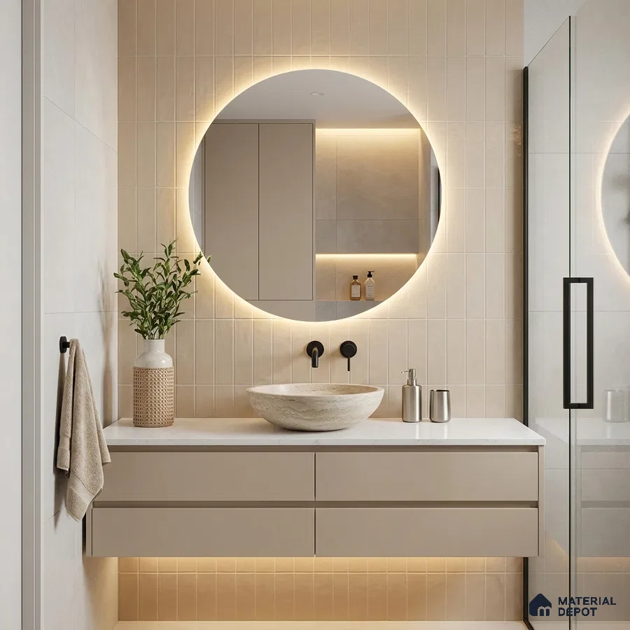 Modern Bathroom with Glossy Silver Grey Vertical Subway Tile and Floating Vanity