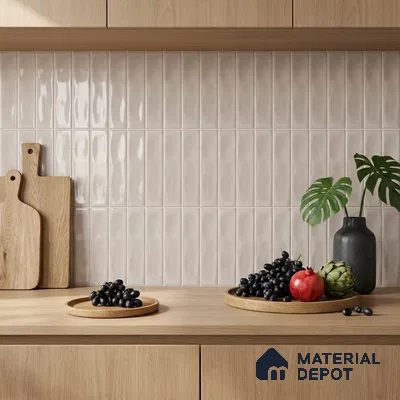 Scandinavian Kitchen with Glossy Silver Grey Vertical Subway Tile and Oak Cabinets