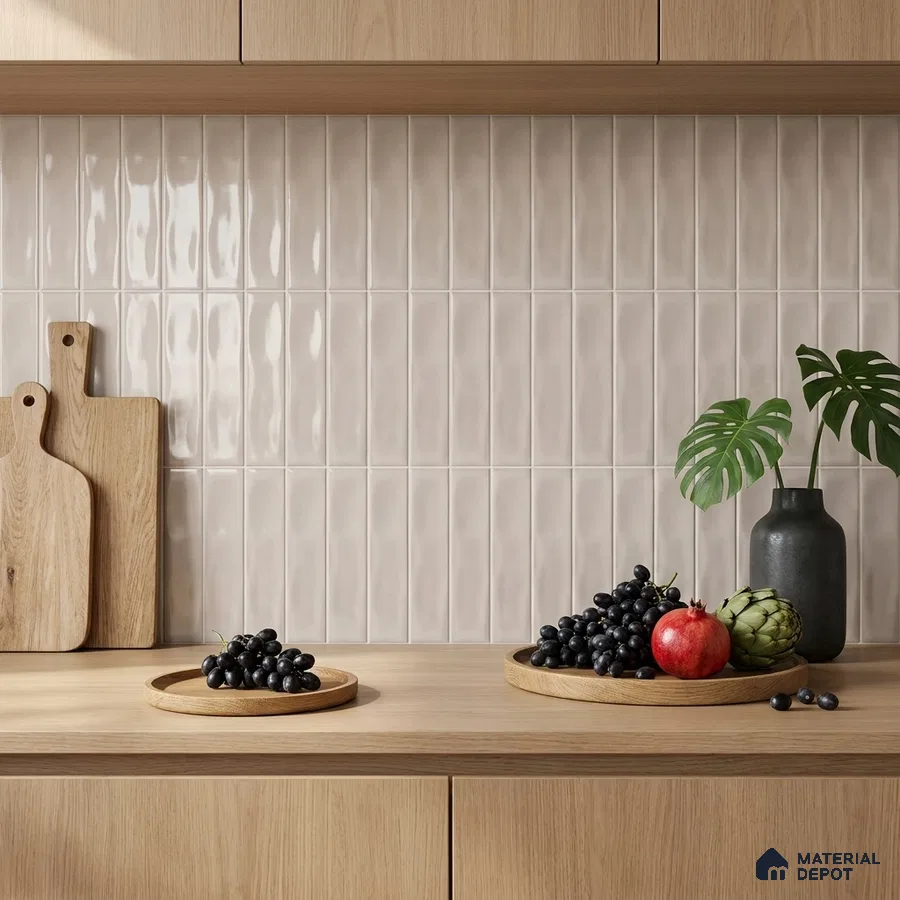 Scandinavian Kitchen with Glossy Silver Grey Vertical Subway Tile and Oak Cabinets