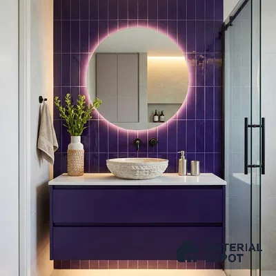 Modern Bathroom with Glossy Deep Purple Vertical Subway Tile and Floating Vanity