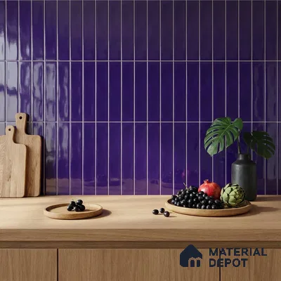 Modern Kitchen with Glossy Deep Purple Vertical Subway Backsplash Tile and Oak Counter