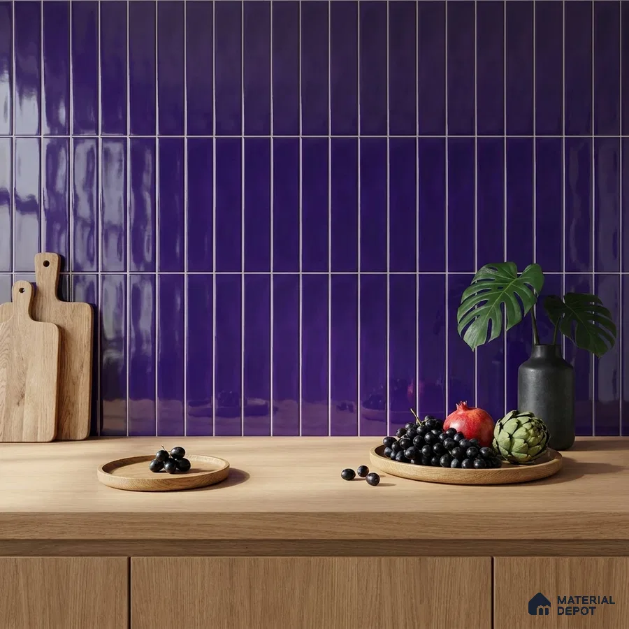 Modern Kitchen with Glossy Deep Purple Vertical Subway Backsplash Tile and Oak Counter