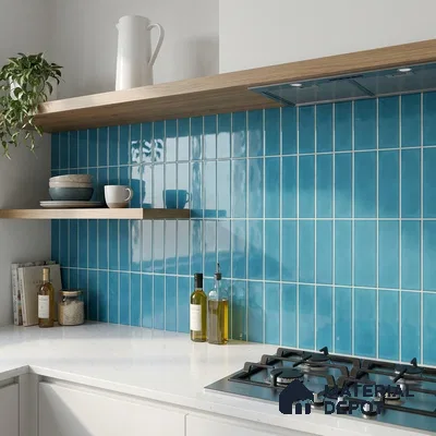 Modern Kitchen with Glossy Teal Blue Vertical Subway Backsplash Tile