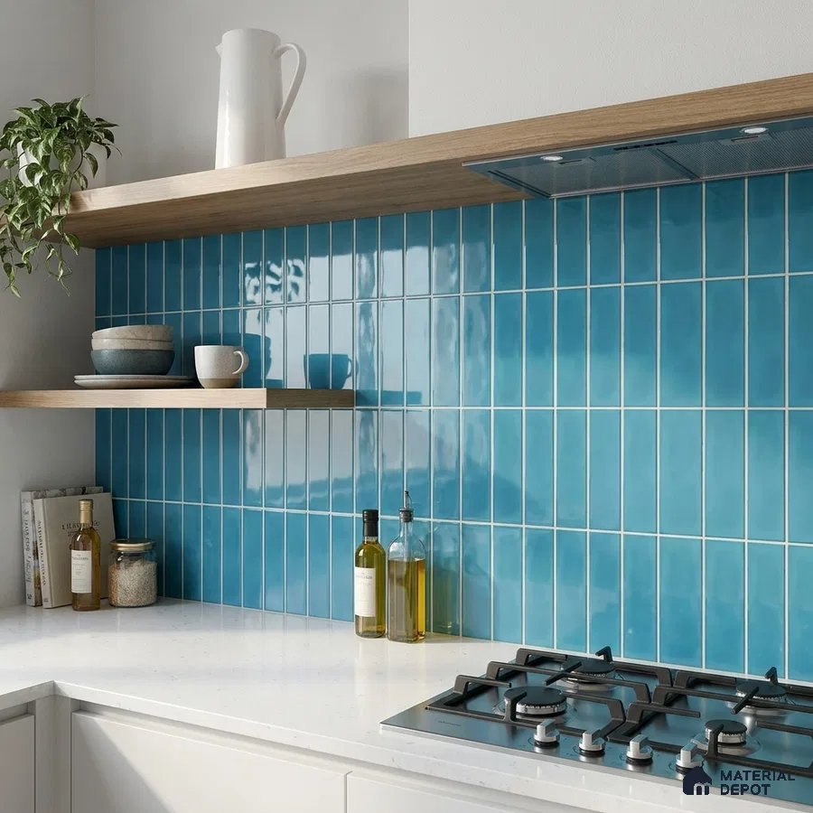 Modern Kitchen with Glossy Teal Blue Vertical Subway Backsplash Tile