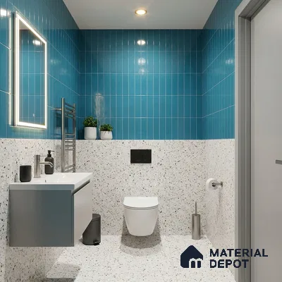 Modern Bathroom with Glossy Teal Blue Vertical Subway Tile and Terrazzo Floor