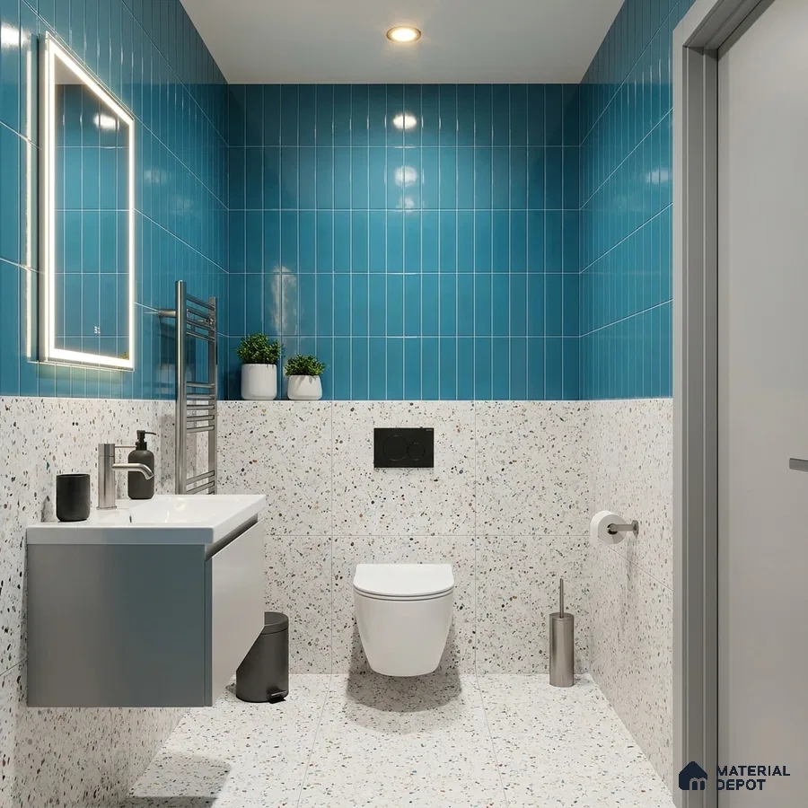 Modern Bathroom with Glossy Teal Blue Vertical Subway Tile and Terrazzo Floor