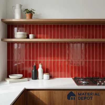 Modern Kitchen with Glossy Chilli Red Vertical Subway Backsplash Tile and Walnut Cabinets