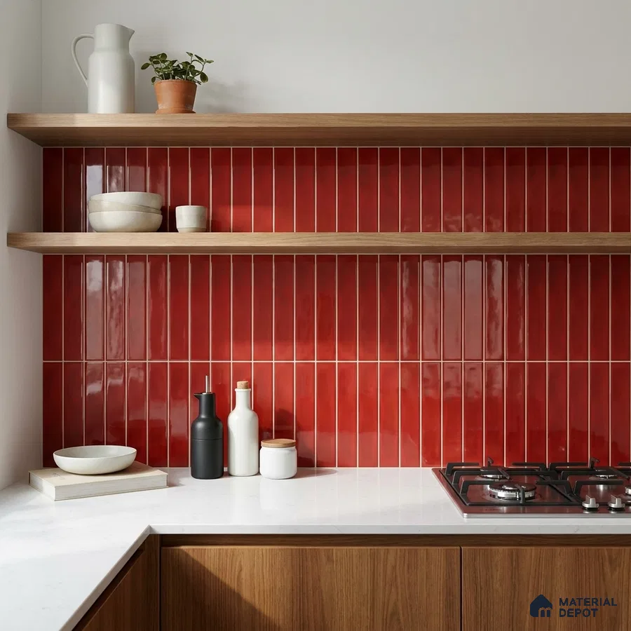 Modern Kitchen with Glossy Chilli Red Vertical Subway Backsplash Tile and Walnut Cabinets