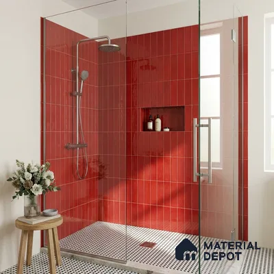 Modern Bathroom with Glossy Chilli Red Vertical Subway Tile and Glass Shower
