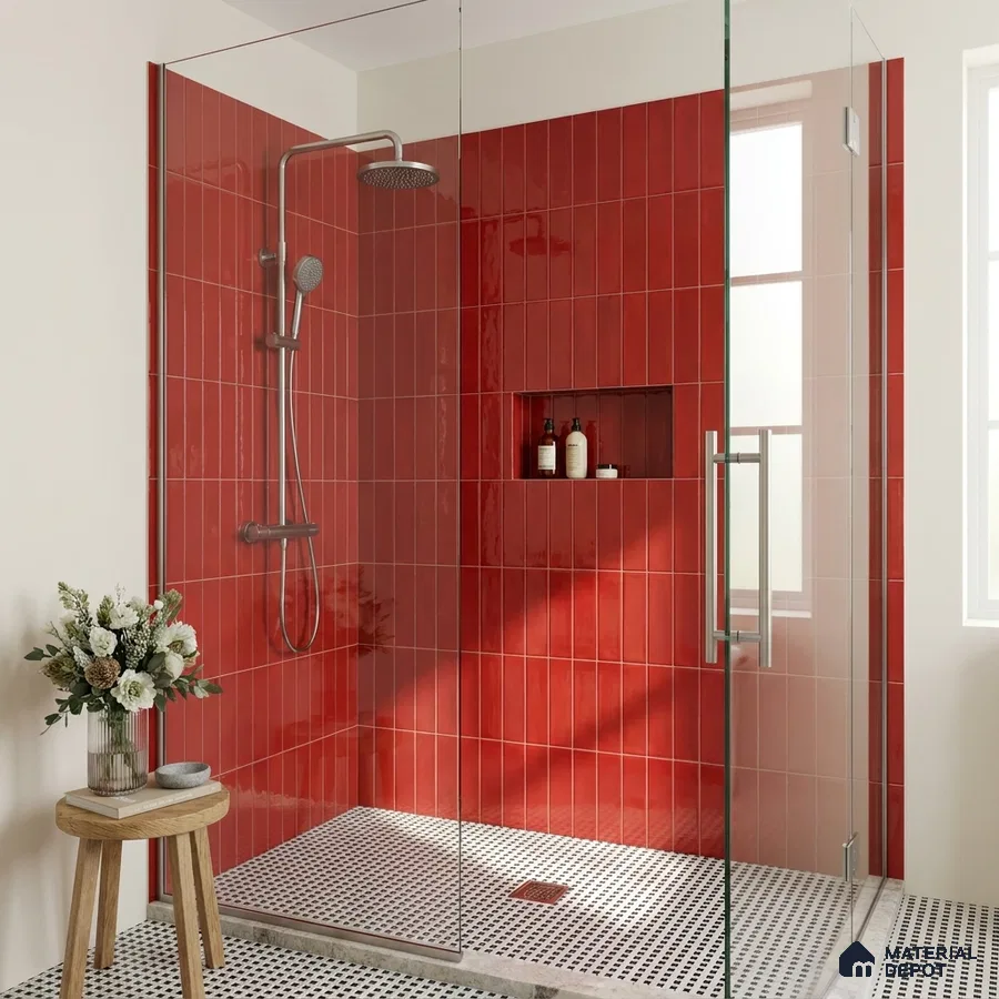 Modern Bathroom with Glossy Chilli Red Vertical Subway Tile and Glass Shower