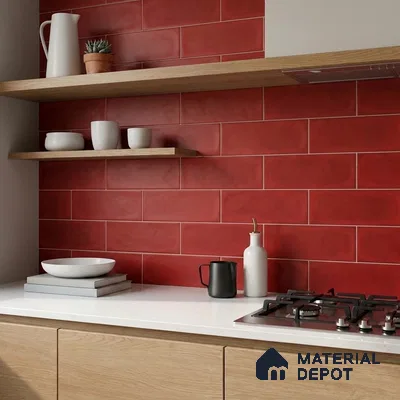 Modern Kitchen with Matte Chilli Red Horizontal Subway Backsplash Tile