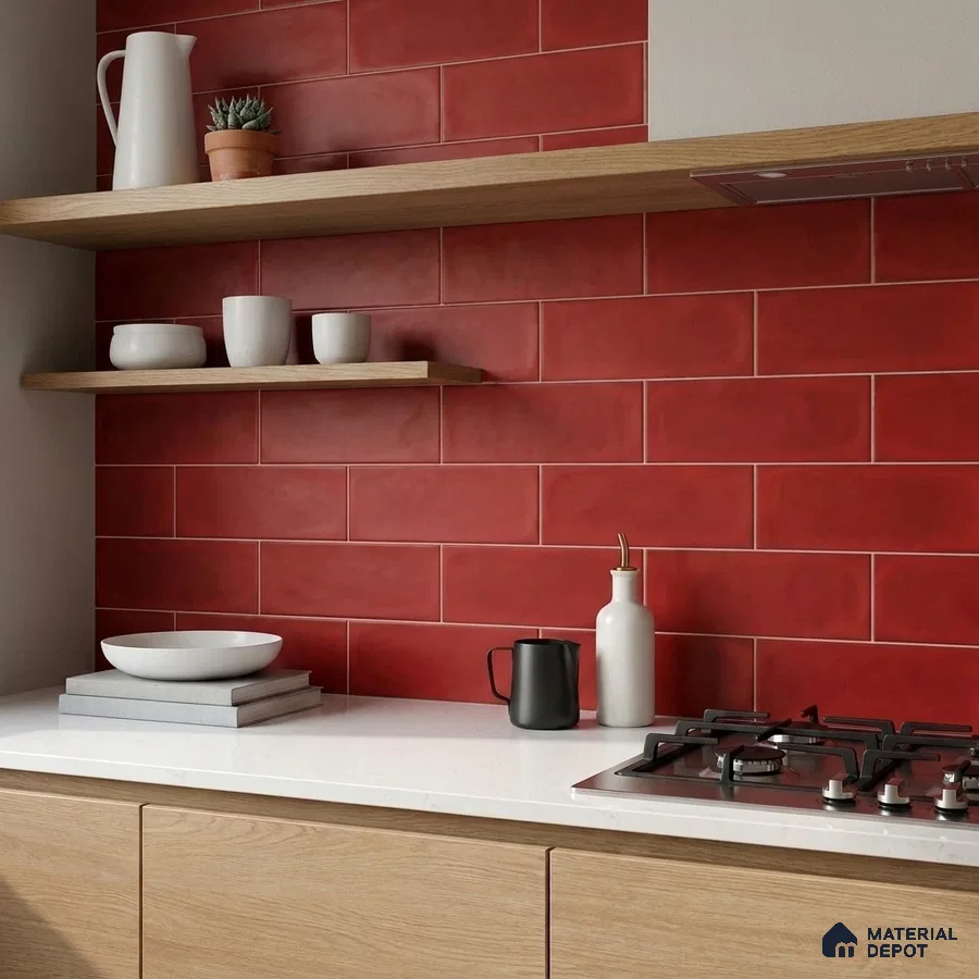 Modern Kitchen with Matte Chilli Red Horizontal Subway Backsplash Tile