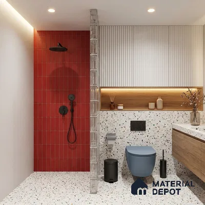 Modern Bathroom with Matte Chilli Red Vertical Subway Tile and Terrazzo Floor