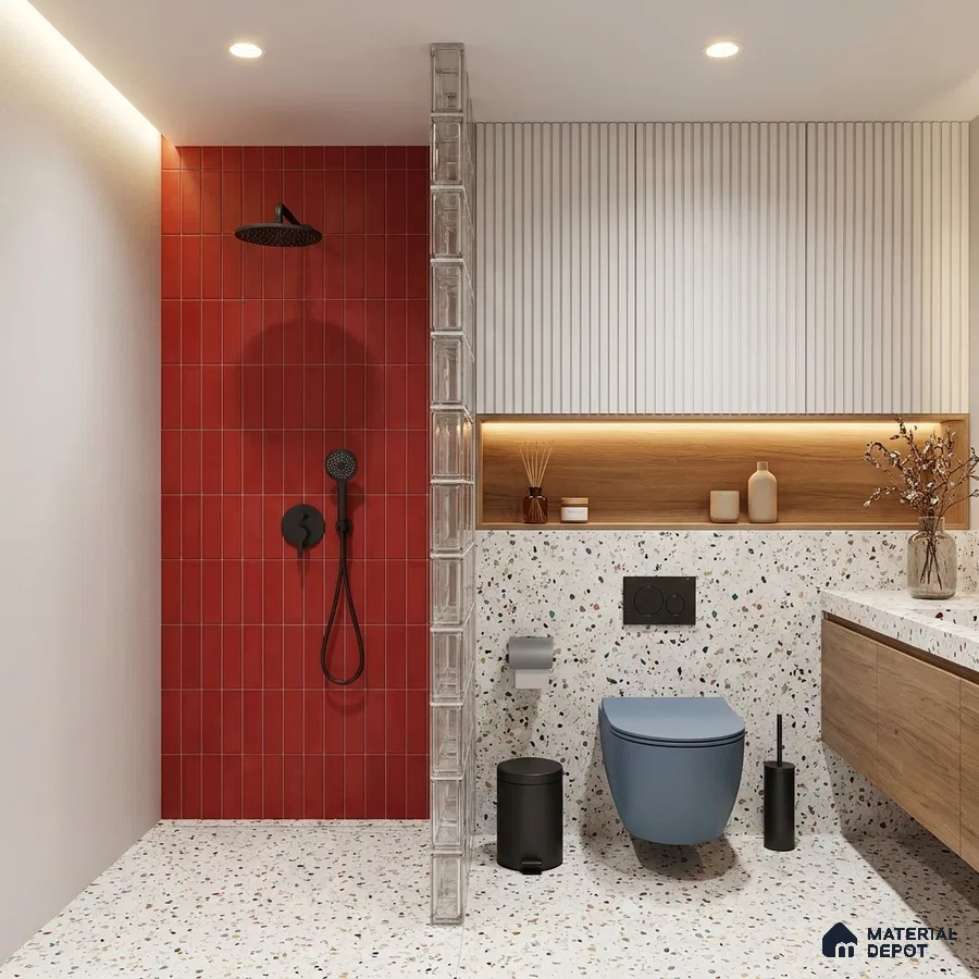 Modern Bathroom with Matte Chilli Red Vertical Subway Tile and Terrazzo Floor