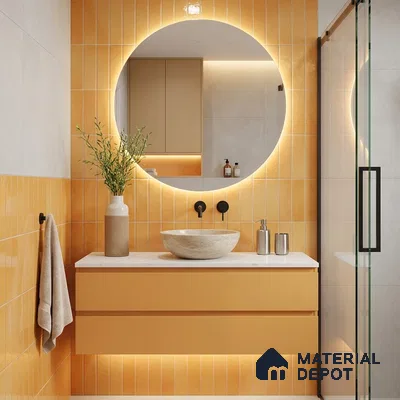 Modern Bathroom with Glossy Buttery Yellow Vertical Subway Tile and Floating Vanity